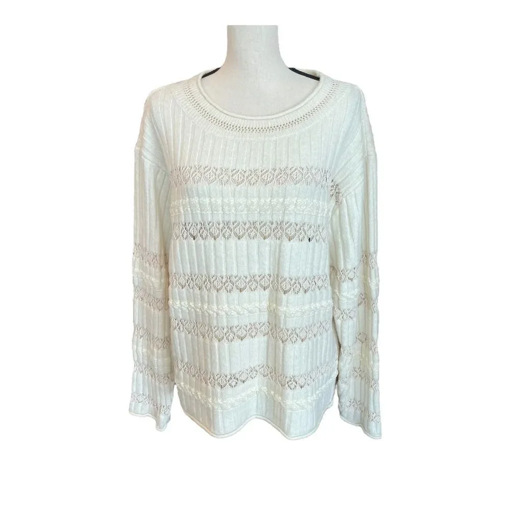 Zara Knit Sweater Small Cream Lace Detail Ribbed Cotton Blend Stretch
